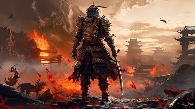 Guerrero samurai en armadura y máscara contra el fondo de una ciudad en ruinas en llamas samurai japonés generativo ai