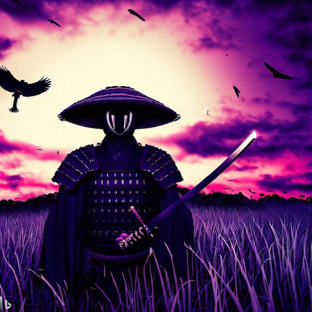 Un guerrero samurai en un campo de hierba con cuervos y una puesta de sol.