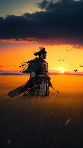 Un guerrero samurai en un campo de hierba con cuervos y una puesta de sol.