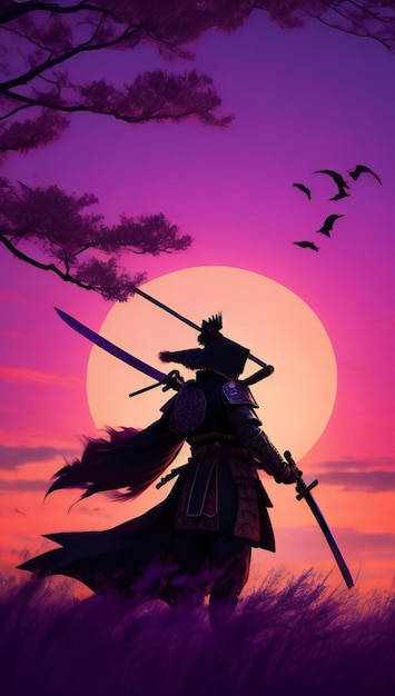 Un guerrero samurai en un campo de hierba con cuervos y una puesta de sol.