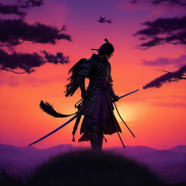 Un guerrero samurai en un campo de hierba con cuervos y una puesta de sol.