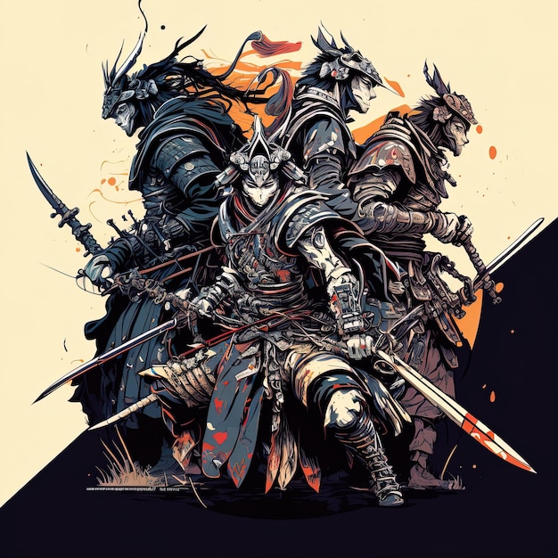 Guerrero samurái con espada katana Ronin samurai contra cinco enemigos rodeados para luchar al estilo cómic IA generativa