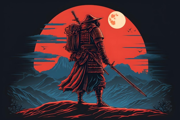 Guerrero samurai en el fondo de la fantasía de dibujos animados de la luna Red neuronal IA generada