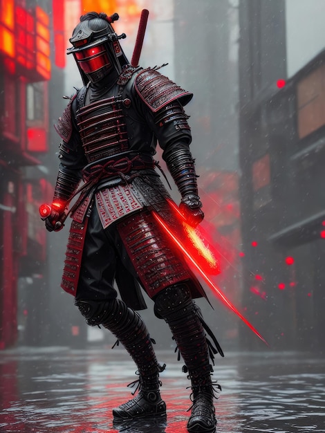 Guerrero Samurai bajo la lluvia con luces rojas