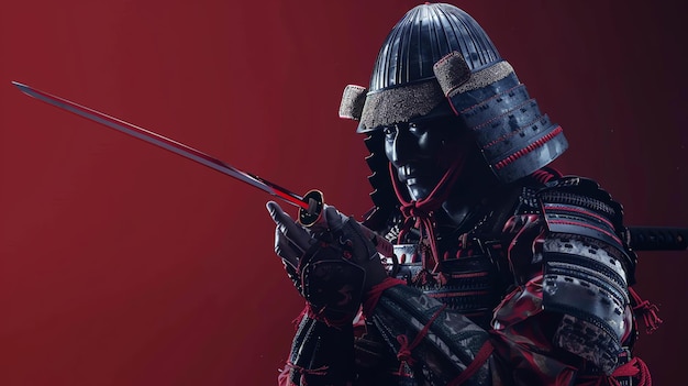 Un guerrero samurai vestido con una armadura tradicional y un casco con una máscara roja sostiene una espada El fondo es rojo