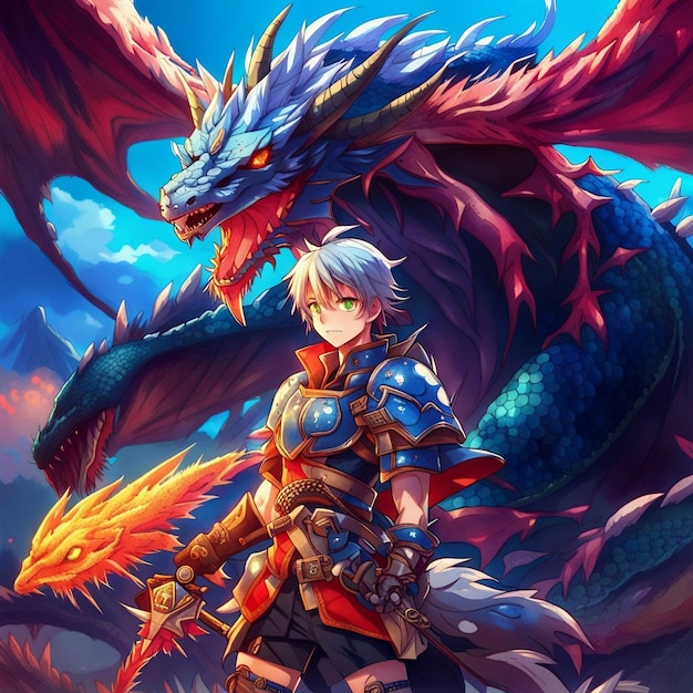 guerrero con su mascota dragón anime HD