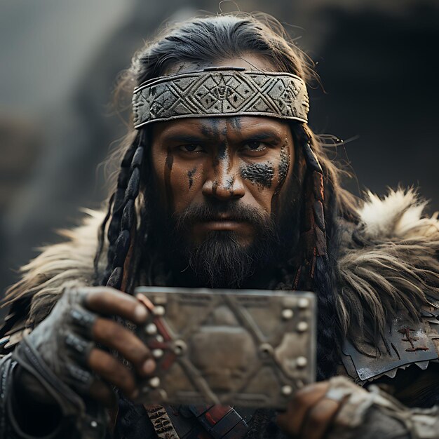 Un guerrero tribal medieval sosteniendo una tarjeta de presentación comercial con un diseño creativo de sesión de fotos