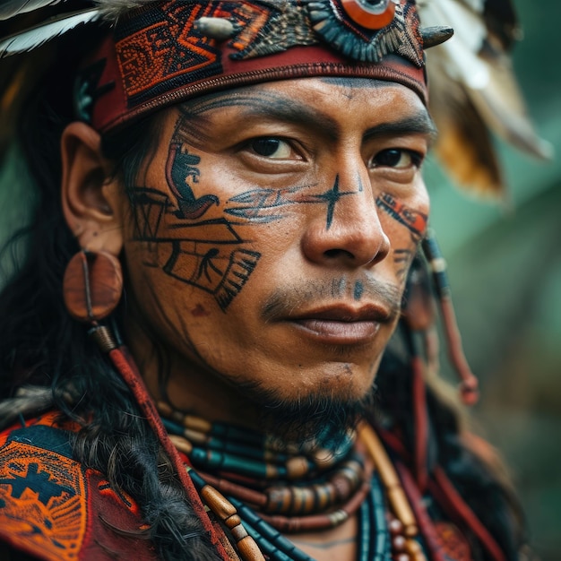 Foto guerrero de la tribu indígena con tatuajes