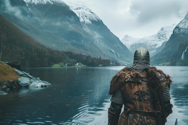 Un guerrero vikingo visto por detrás se pone un casco contra un telón de fondo de montañas y un lago tranquilo
