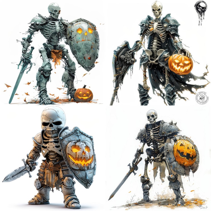 Guerreros esqueleto de Halloween con escudos y calabazas aislados en fondo blanco