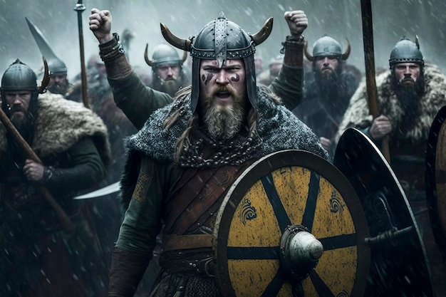 Los guerreros vikingos avanzan en la niebla de la batalla creada con tecnología de IA generativa.