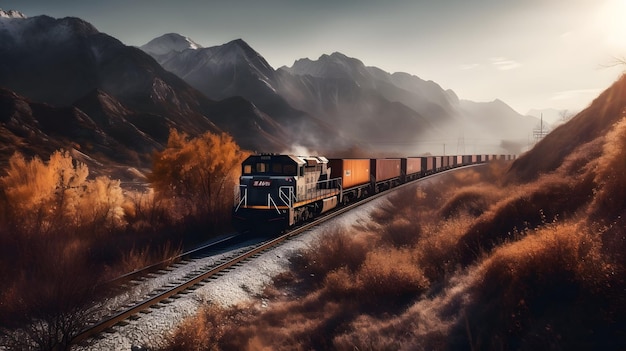 Güterzug in einer malerischen Landschaft, der große Container transportiert. Generative KI