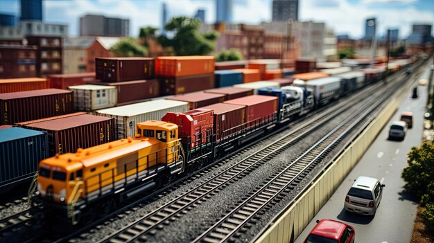 Güterzug überquert Langzug mit Containern, der durch eine Kreuzung fährt