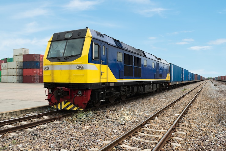 Foto güterzugplattform mit güterzugcontainer bei der depotnutzung für import, export, logistik