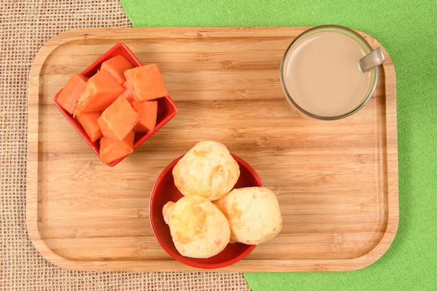 Guia Alimentar Brasileira - Café da Manhã, com Café com Leite, Pão de Queijo e Papaia