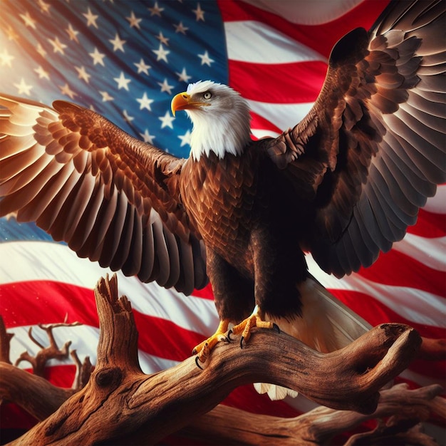 Águia americana com fundo da bandeira dos Estados Unidos Águia americano com bandeira americana