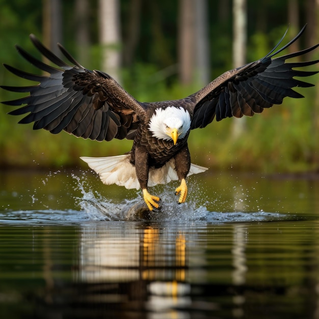 Águia americana mergulhando em direção à presa com ferocidade