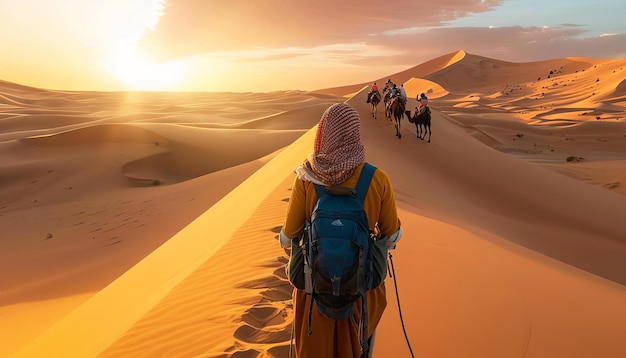 Foto un guía bereber conduce a los turistas a través de las dunas de arena cambiantes del desierto del sáhara, seguidos por caravanas de camellos