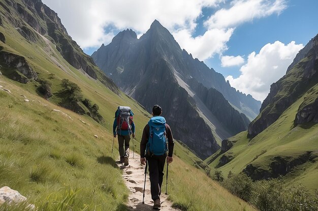 Foto guía caminando por la montaña