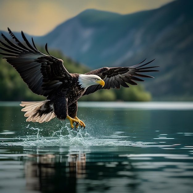 Águia careca americana a caçar no lago