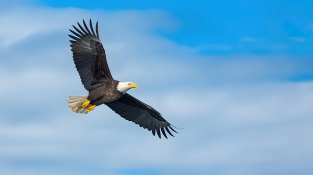 Águia careca americana voando contra o céu azul do Alasca