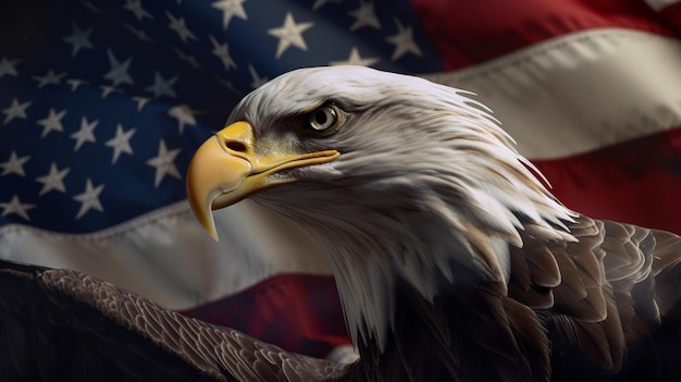 Águia careca com a bandeira americana ao fundo