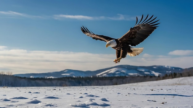 Águia careca voando sobre o lago Paisagem de inverno com neve e montanhas