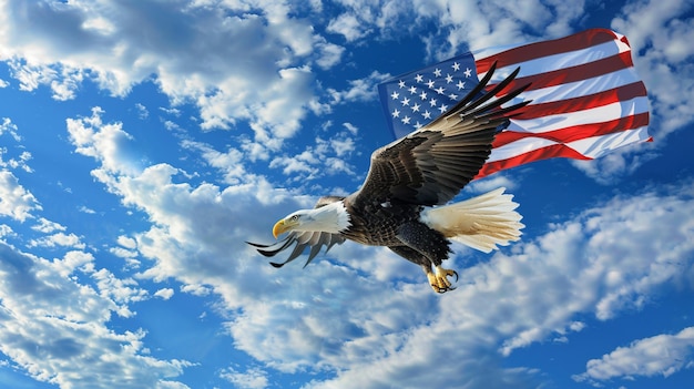 Águia com bandeira americana voa em liberdade