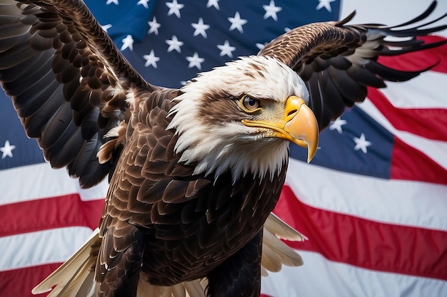 Águia com bandeira americana voa em liberdade