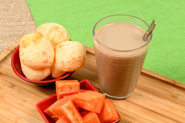 Guía de comida brasileña - Desayuno, con café con leche, pan de queso y papaya.