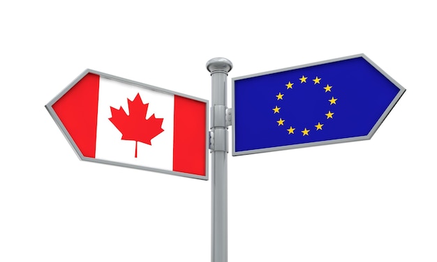 Guia do Canadá e da União Europeia Movendo-se em direções diferentes Renderização em 3D
