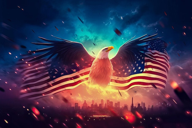 Águia e bandeira do estado unido da américa no fundo do céu dia da independência generativo ai