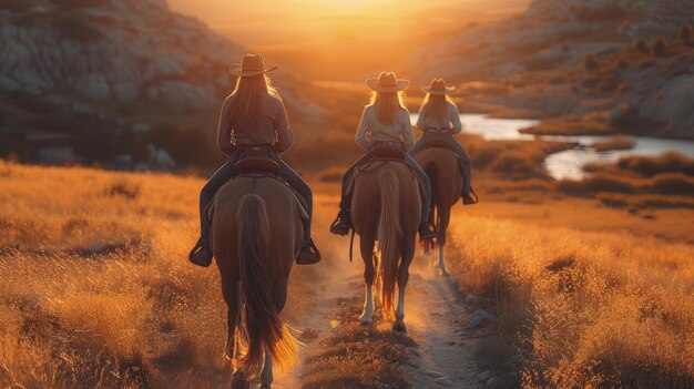 Guía de equitación de senderos para principiantes senderos de montaña panorámicos caballos relajados HD fotorrealista