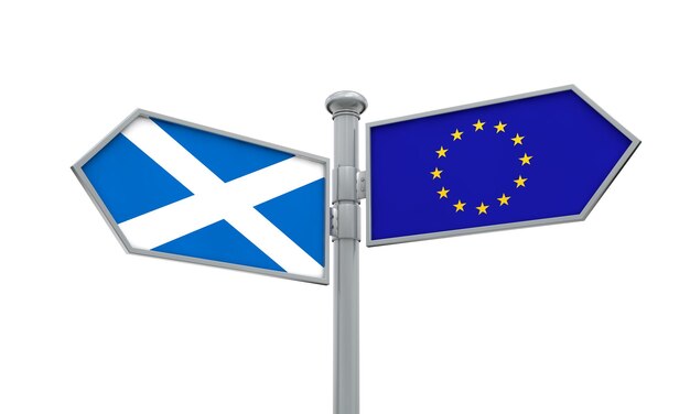 Guía de Escocia y la Unión Europea Moviéndose en diferentes direcciones Representación 3D