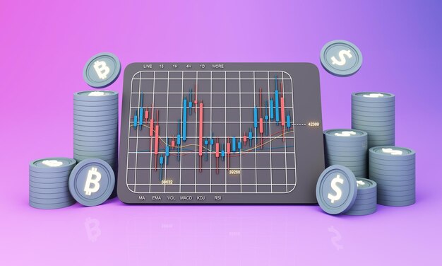 Una guía para las personas que ingresan al mercado de criptomonedas con un gráfico de precios y un lápiz y papel de notas para estudiar el renderizado 3d de fondo púrpura