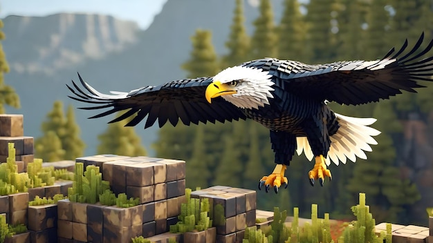 Águia realista em animais selvagens feita de cubos 3D ilustração voxel para videogames Minecraft