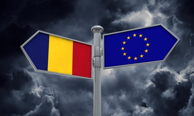 Guía de Rumania y la Unión Europea Moviéndose en diferentes direcciones Representación 3D