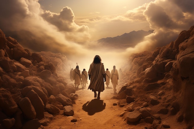 Guiado por la fe y el llamado divino, Moisés guía a los judíos israelitas a través del desierto impenetrable, iluminándoles el camino para llegar a la tierra prometida y brindándoles protección divina.