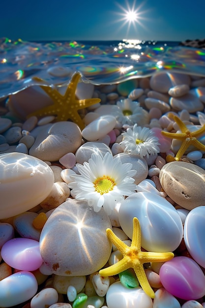 Guijarros en la playa con estrellas de mar y margaritas