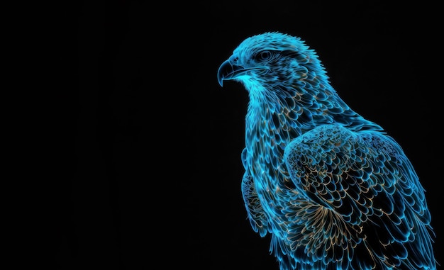 Águila artística azul sobre fondo negro Imagen iluminada de un pájaro poderoso IA generativa