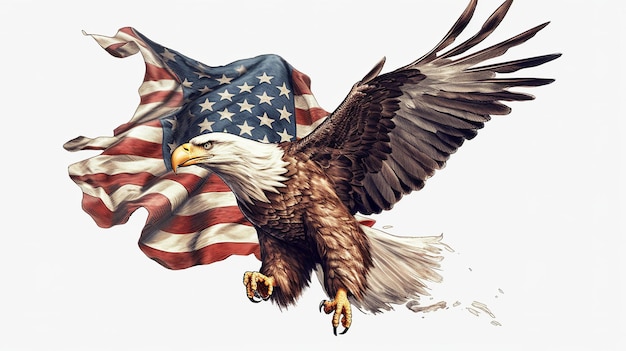 Águila calva con la bandera de Estados Unidos en el fondo fondo blanco