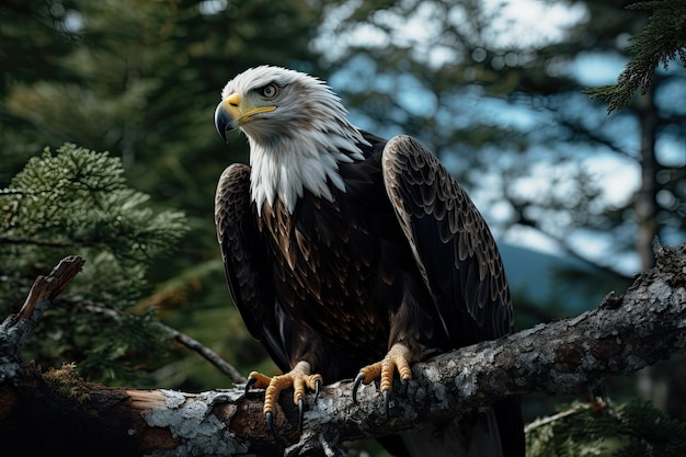 Águila calva Haliaeetus leucocephalus Vista desde arriba de un águila mientras se posa en una rama AI Generado