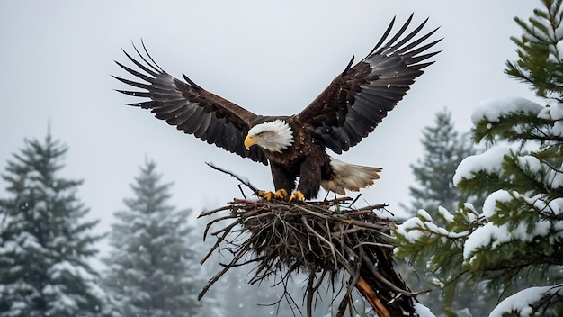 Águila calva sentada en una rama de un árbol en el bosque de invierno