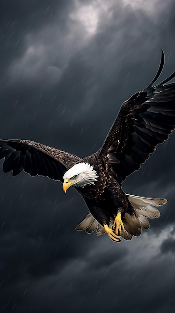 Águila calva volando bajo la lluvia