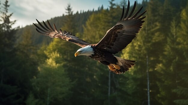 Águila calva volando sobre el bosque Fotografía a contraluz y vistas montañosas