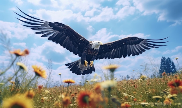 Águila calva volando sobre fondo de cielo azul de campo de flores Ai generativo