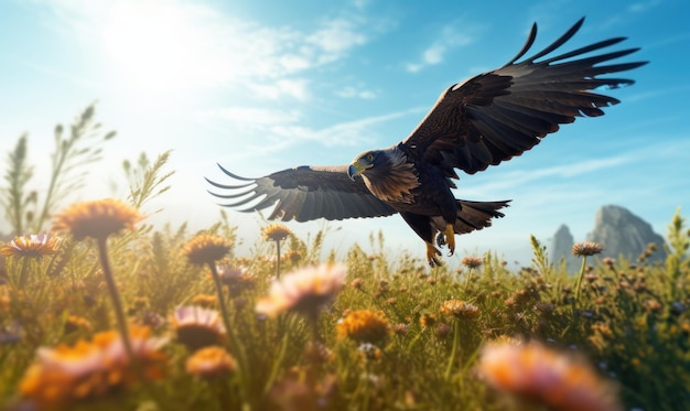 Águila calva volando sobre fondo de cielo azul de campo de flores Ai generativo