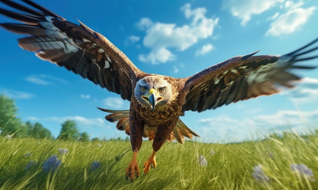 Águila calva volando sobre fondo de cielo azul de campo verde Ai generativo