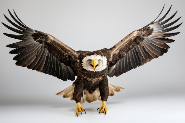 Águila calva en vuelo sobre fondo blanco