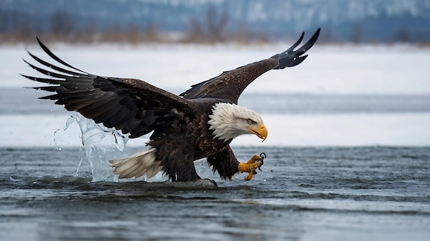 Águila calva en vuelo sobre un lago congelado con nieve y cielo azul fotografía de invierno